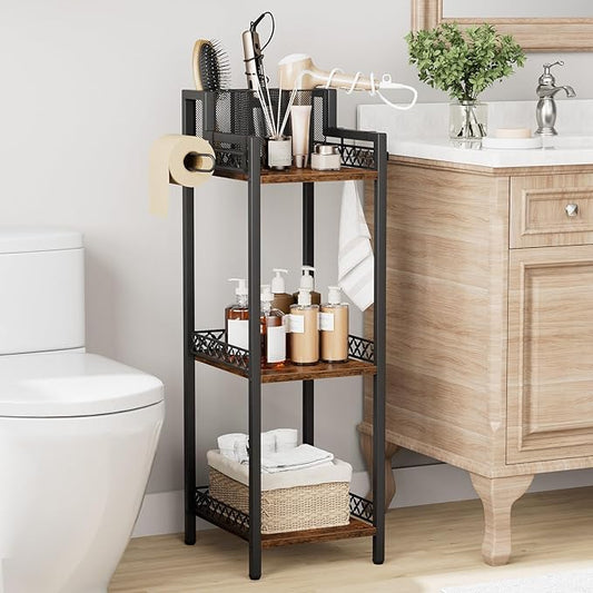 Bathroom Storage and Organizer Shelf Hair Dryer Holder, 9.85in 3-Tier Narrow Metal Standing Rack with Toilet Paper Holder, Corner Stand for Cosmetic, Vanity, Kitchen, Laundry Rustic Brown
