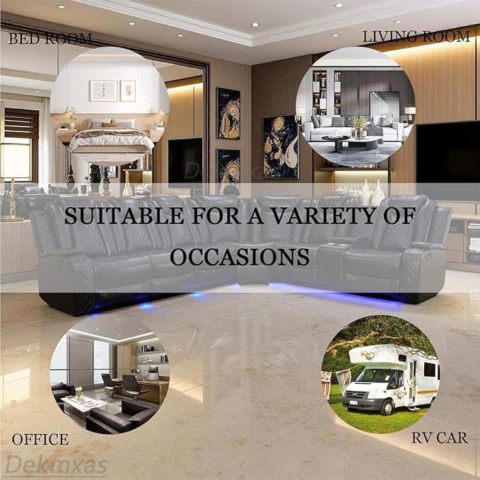 Living Room Furniture Set, Power Sectional Recliner Sofa Set with LED Light,Black Air Leather Power Reclining Sofa with 2 Recliner Seats/Cup Holders/USB Port/Storage Console for Living Room
