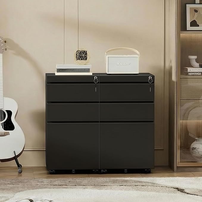 Bonusall Fully Assembled 3-Drawer Metal File Cabinet with Lock - Mobile Under Desk Filing Cabinet for Legal/Letter/A4 Size, Anti-Tilt Mechanism, Pre-Installed Office Storage, Black