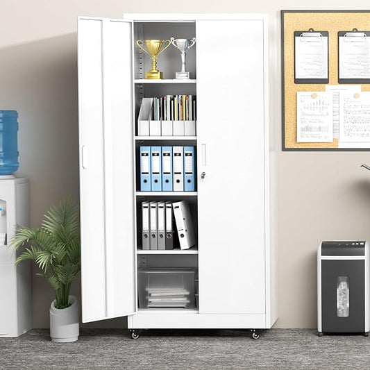 Greenvelly 73" Storage Cabinet with Wheels,Metal Rolling Garage Cabinet with Locking Doors and 4 Adjustable Shelves for Home,Kitchen,Office,Warehouse(32" W x 16" D, White)