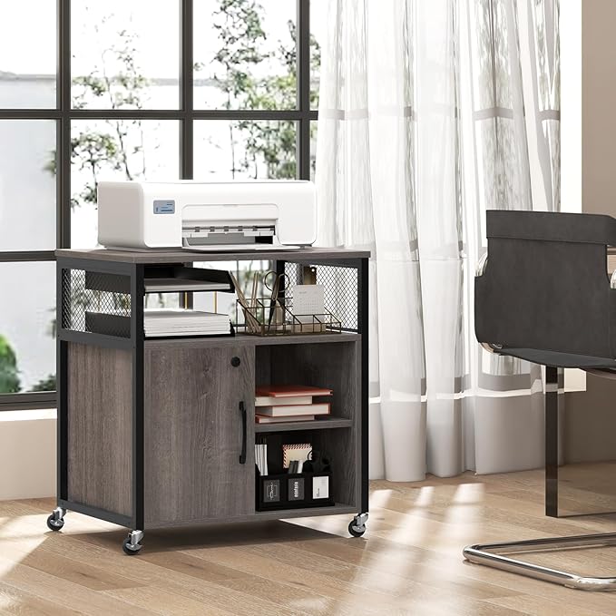 Giantex File Cabinet, Lateral Filing Cabinet with Lock, Wheels, Charging Station, Cable Hole, Lockable Side Cabinet, Adjustable Shelves, Metal Frame, Printer Stand for Home Office Small Space (Grey)