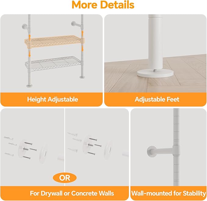 W3 Wall Mounted Closet System, Expandable Clothes Rack Heavy Duty Garment Rack Clothing Rack for Hanging Clothes, Industrial Pipe Closet Rack for Reach in Closet, White