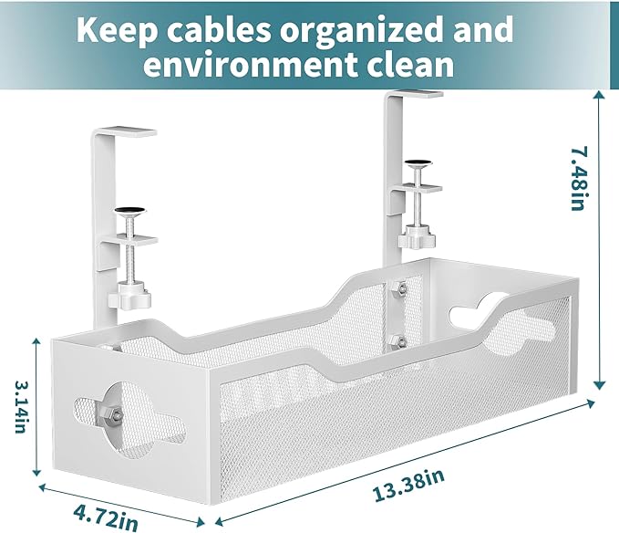 Under Desk Cable Management Tray No Drill, 13.38'' Metal Tray with Clamp for Wire Management, Litwaro Cord Organizer Home Office Damage to Standing Desk, White