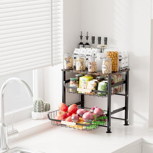 Fruit Vegetable Basket for Kitchen,3 Tier Pantry Organizers and Storage,Snack Organizer for Countertop,Pantry Cart,Metal Wire Storage Shelf Organizer Baskets for Kitchen, Pantry, Bathroom