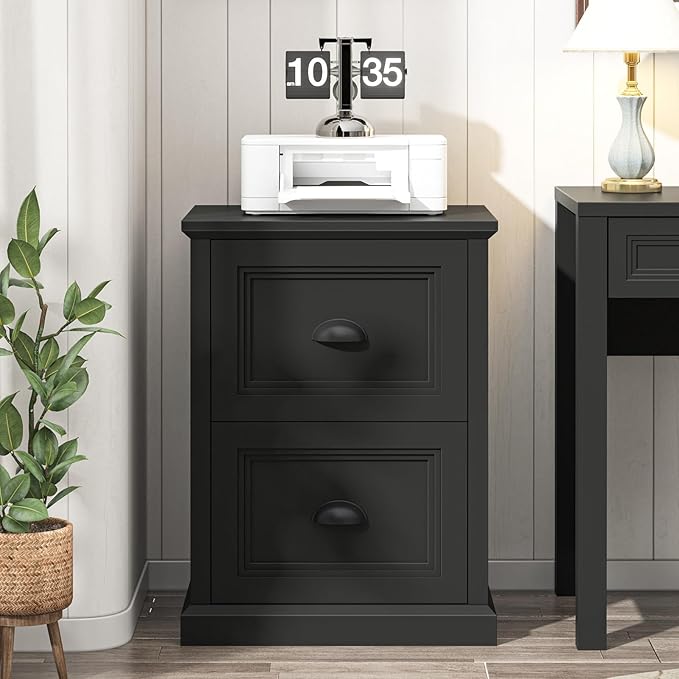 Vertical File Cabinet, Filing Cabinet with 2 File Drawers, Farmhouse Small File Cabinet Fits Letter/A4 Size, Wooden Printer Stand, Under Desk Cabinets for Home Office, Black