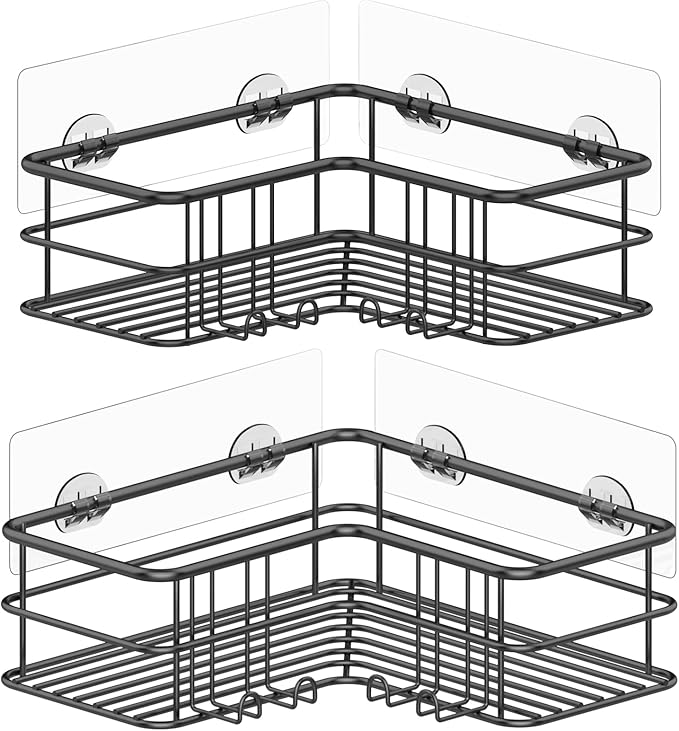 Menbyci Black Shower Caddy Corner Bathroom Shower Shelf, Rust Proof Bathroom Organizer Accessories, Adhesive Shower Basket Storage Rack Shampoo Holder Wall Organization, 2 Pack