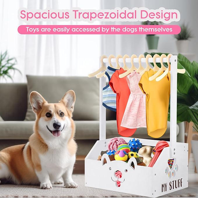 Chunful Dog Closet Wooden Pet Wardrobe Closet Dog Toy Storage Bin with Handle Pet Clothes Rack for Cat Organization and Storage Accessories, 19" x 13" x 9" (White)