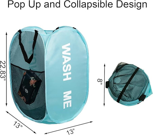 Mesh Pop Up Laundry Hamper with Handles, Collapsible Laundry Basket Side Pocket Dirty Clothes Hamper (Sky Blue)