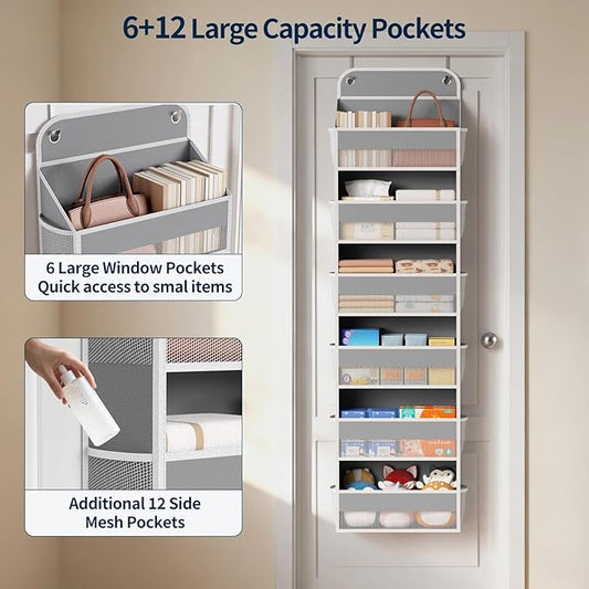 Yecaye 6 Tier Over the Door Organizer, 52.8lbs Capacity Door Organizer Hanging with 12 Mesh Pockets, Behind the Door Storage for Closet Baby Nursery Bathroom Bedroom,and Dorm
