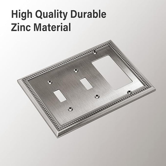 Henne Bery Sunken Pearls Heavy Duty Decorative Wall Plate Switch Plate Outlet Cover (Double Toggle/Single Decorator, Heirloom Silver)
