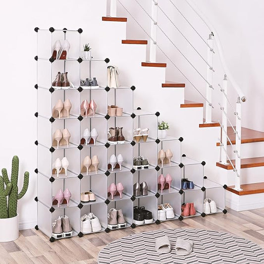 SONGMICS Shoe Rack with 32 Cubes, Interlocking Plastic Shoe Organizer, DIY Storage Cabinet for Closet Entryway Bedroom Garage, Space Saving Design, 13.9 x 35.1 x 54.5 Inches, Transparent ULPC48S