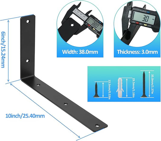 L Floating Shelf Brackets,10 Pack Heavy Duty L Brackets for Shelves, L 10" X H 6" Black Metal Countertop Support Brackets,Wall Mounting for Wood