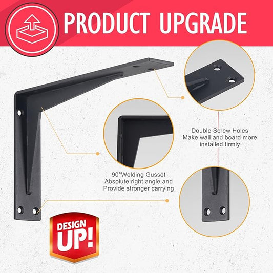 CLT 12” Black Shelf Bracket, 1/5" Thick – Heavy Duty Corner Brace, Supports 330 lbs, Industrial Modern Farmhouse Style – Right Angle Bracket for Tables, Benches, DIY Space-Saving Projects (Pack of 4)