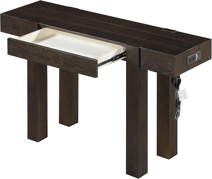 Merax Rustic Minimalist Console Table with Hidden Drawer, Side Power Outlet, Wood Entryway Table for Entryways, Living Rooms, Home Offices, Espresso