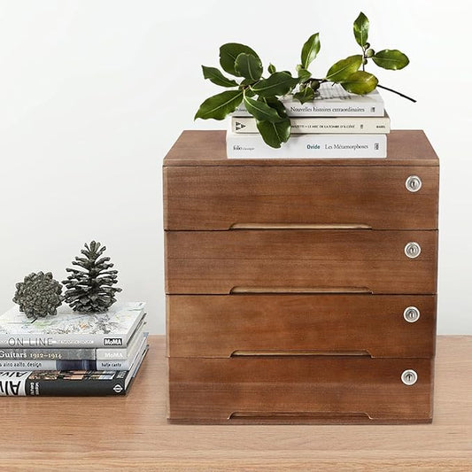 4 Drawers Wood Storage Box, Flat File Cabinet, Storage Cabinet Organizer with Lockable Drawers, Office Supplies File Organizer, Art Storage Cabinets, Multipurpose Tool Box for Home Office (Walnut)