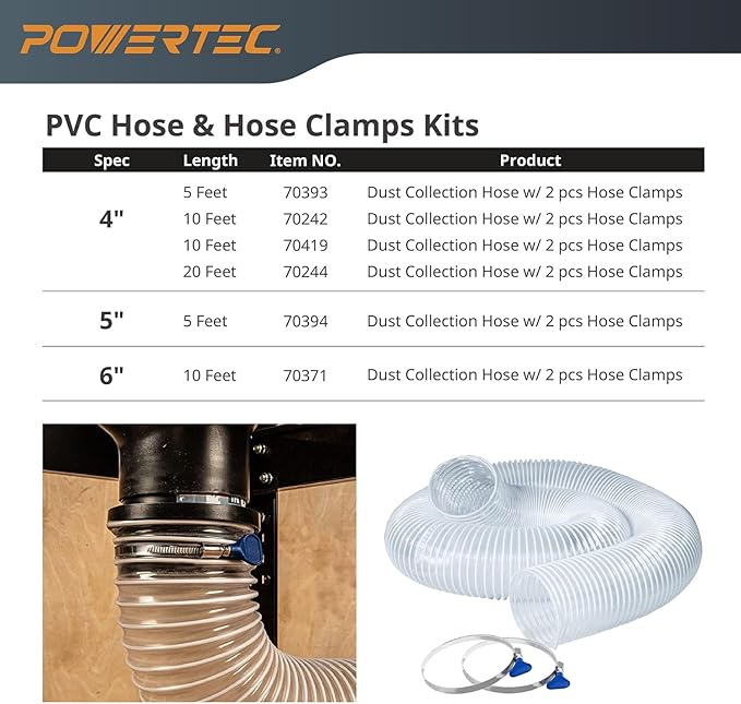 POWERTEC 4" x 20' Flexible PVC Dust Collection Hose with 2 Stainless Steel Key Hose Clamps for Table Saw, Band Saw, Planer, Jointer, Woodworking and Garage, Woodshop Dust Collection System (70244V)