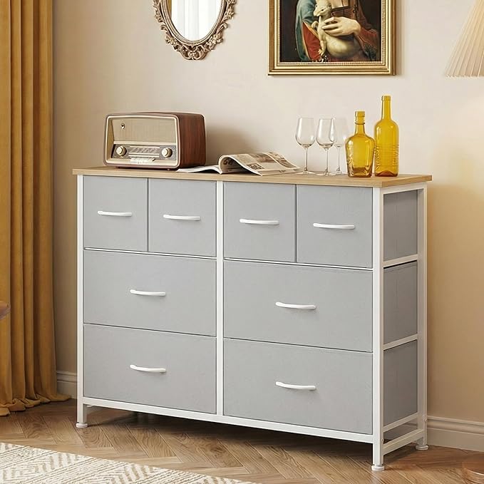DUMOS TV Stand, Dresser with 8 Fabric Drawers, Spacious Storage Tower for Closet, TV Stand with Wood Top and Mental Frame, Storage Unit for Living Rooms, Bedroom and Entryway, Light Grey