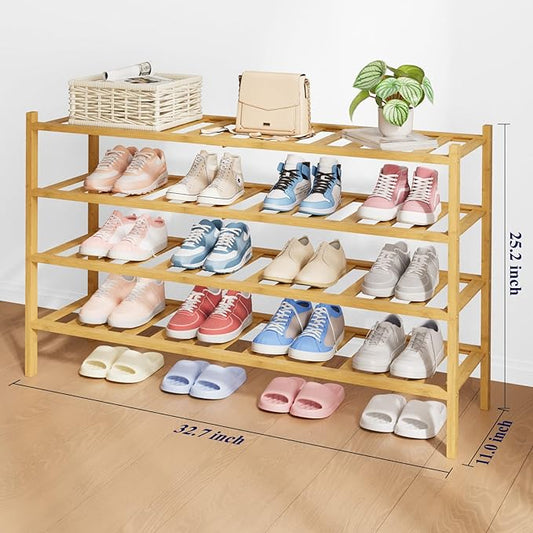 Kitsure Bamboo Wooden Shoe Rack for Closet - Stackable Shoe Organizer with Modular Structure, Space-Saving Shoe Shelf for Entryway, Living Room, Bedroom, 32.7" Wide - 4 Tiers, Natural