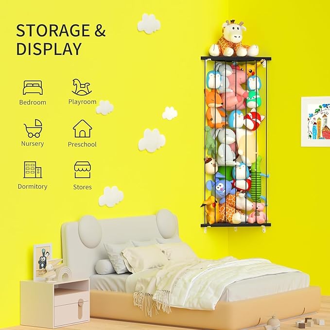 Stuffed Animal Storage Shelf Organizer(Patented) - Corner Stuffed Animal Holder Length Adjustable - Wall Plush Storage for Nursery Playroom Bedroom Kids Room (Space Black, Extra Large)