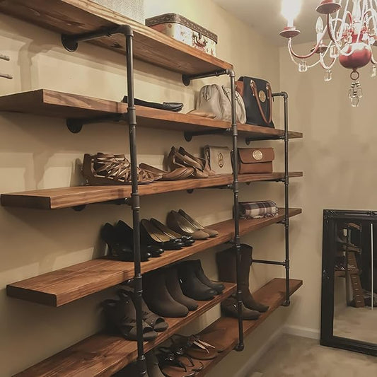 HITOMEN Industrial Iron Pipe Shelves, DIY Open Bookshelf Bookcase, Wall Mounted Vintage Retro Shelving, Rustic Farmhouse Pantry Kitchen Storage, Black Shelf Brackets, 2 Set 5-Tier, 55" Tall, 12" Depth