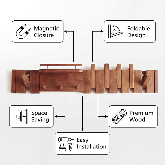Mid Century Modern Walnut Foldable Entryway Wall Coat Hanger Hook with Shelf,Heavy Duty Wooden Piano Hidden Towel Hooks for Bathroom,Wall Rack for Purse&Key&Mail,Home Decor (Walnut, 9 Hooks)
