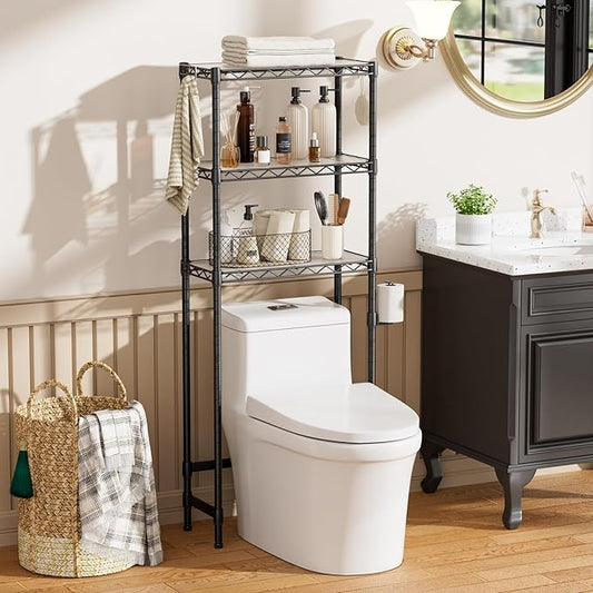 SINGAYE Over The Toilet Storage Shelf:3-Tier Bathroom Organizer and Storage Shelf with Adjustable Shelf and Basket Freestanding Space Saver Above Toilet for Room Black