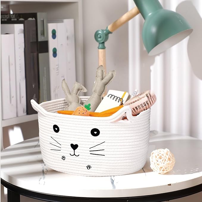 Zopeal Cat Basket Storage Woven Organizer with Ears Easter Decorative Gift Pet Toy Cute Cotton Rope Basket for Gift Cat Dog Toy Bin Nursery Room(13.7 x 7.8 Inch,White)