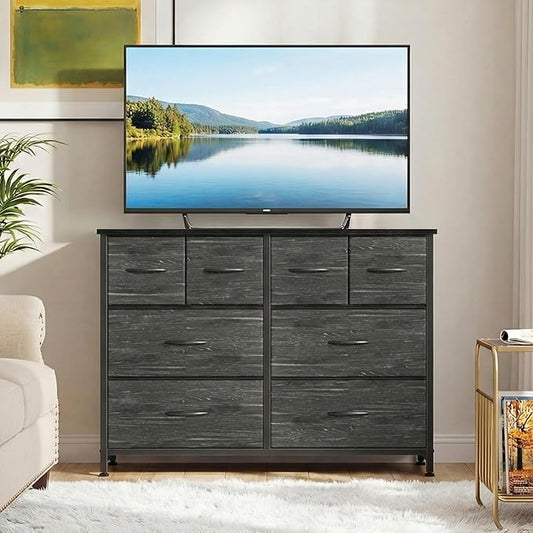 DUMOS TV Stand, Dresser with 8 Fabric Drawers, Spacious Storage Tower for Closet, TV Stand with Wood Top and Mental Frame, Storage Unit for Living Rooms, Bedroom and Entryway, Wood Black