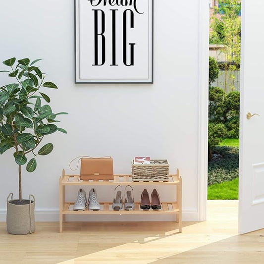 Shoe Rack, 2-Tier Bamboo Stackable Shelf Storage Organizer, Stand for Closet, Entryway, Hallway, Bathroom and Living Room(Natural)