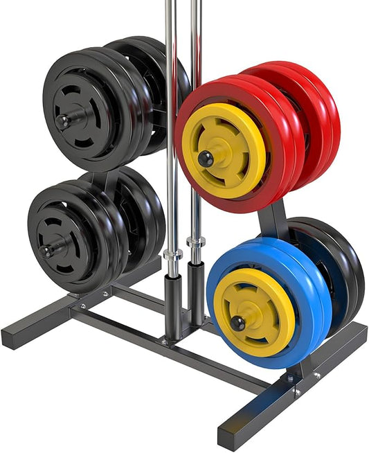 SELEWARE Olympic Weight Plate Tree Rack with 8 Weight Pegs & 2 Barbell Holders, Heavy-Duty Steel Gym Storage Organizer with Locking Wheels for 2 Inch Olympic Plates & Bars