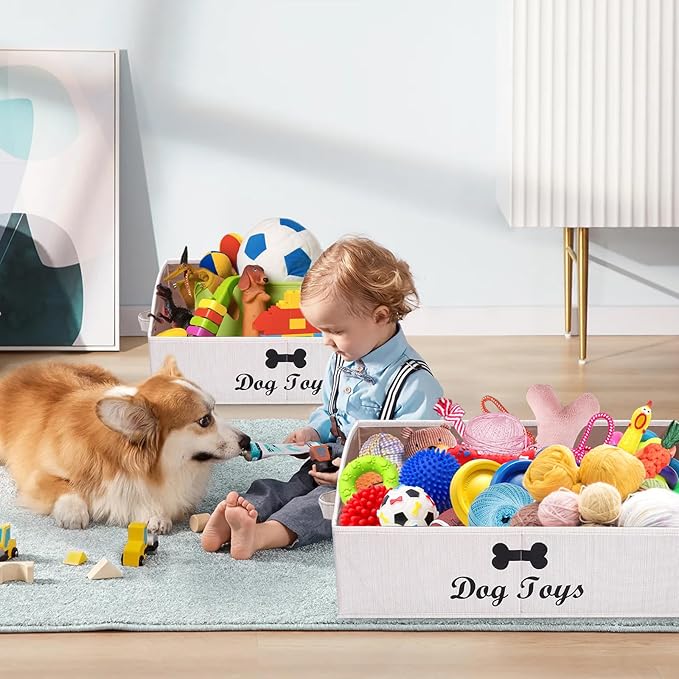 Geyecete 2 Pack Large dog toy bin dog toy box storage box - Foldable Fabric Trapezoid Organizer Boxes with Handle for Dog Toys (Beige-DOG)