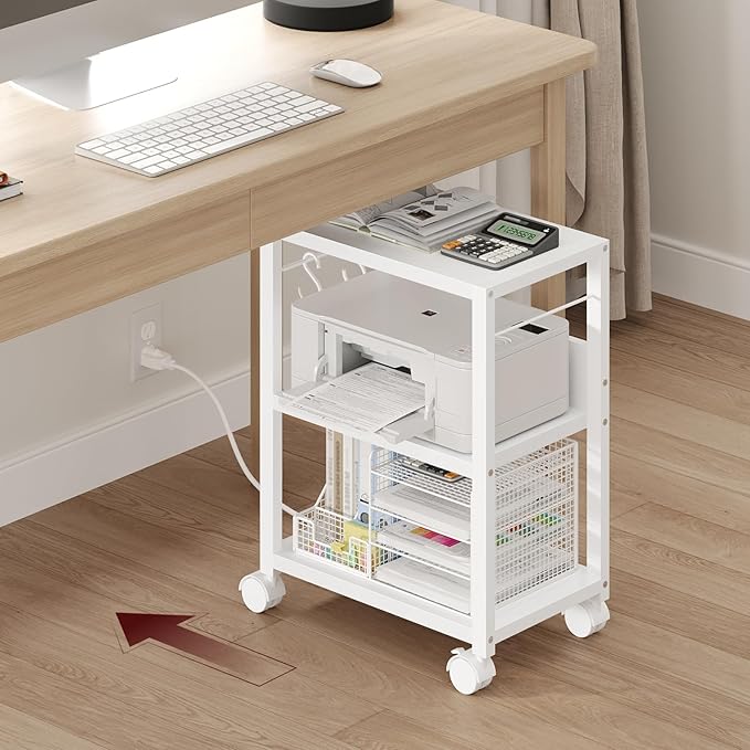 Industrial Printer Cart, 3-Tier Mobile Printer Stand, Rolling Cart with 2 AC Outlets and 2 USB Ports, Home Printer Stand with 2 Hooks, for Office, Living Room, White PTWT40E01