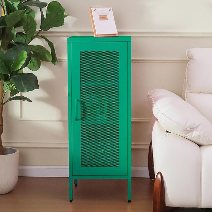 Slim Metal Storage Cabinet with Mesh Doors - 42'' Tall Narrow Organizer Tower, Compact Freestanding Cabinet, Versatile Utility Storage for Home, Office, Bedroom, or Kitchen, Durable and Modern Design