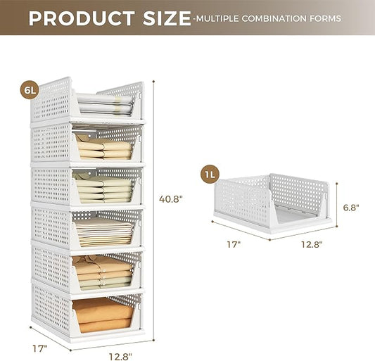 Pinkpum 6 Pack Closet Organizers Storage Bins, Stackable Plastic Drawer Basket for Clothing, Stackable Storage Bins Shelf Storage Container for Closet Wardrobe Bedroom Bathroom Office White