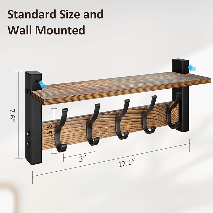 Coat Rack Wall Mount with Shelf, 17.1 Inch Coat Hanger, Entryway Wall Key Holder, Hat Rack for Walls, Shelf with 5 Coat Hooks, Purse Hanger for Wall (Brown)