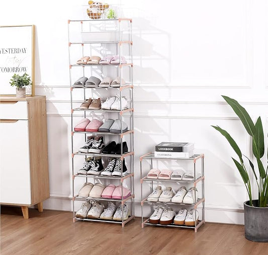 Stackable Small Shoe Rack, Entryway, Hallway and Closet Space Saving Storage and Organization (3-Tier, Pink)