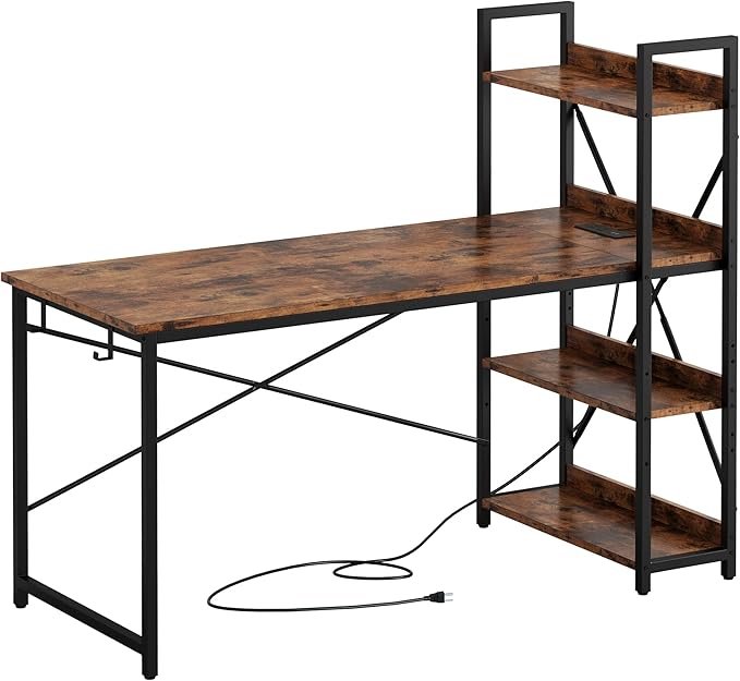IRONCK Computer Desk 47" with Power Outlet and Storage Shelves, Study Writing Table with USB Ports Charging Station, PC Desk Workstation for Home Office, Rustic Brown