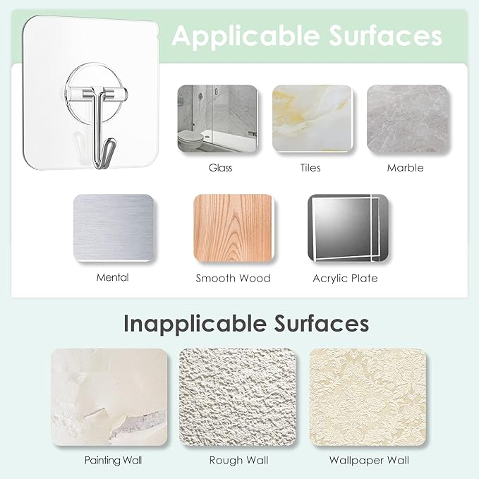 Adhesive Wall Hooks for Hanging, Clear Removable Window Hooks 13 lb Stainless Steel Stick on Hooks Waterproof Self Adhesive Hooks for Shower Door Ceiling Kitchen Cabinet 24 Pack