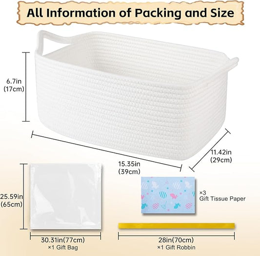OIAHOMY 19L Woven Basket, Gift Basket Empty with Gift Bags Ribbons and Wrap Tissue Paper, Rope Baskets for Baby Showers, Storage Baskets with Handles for Nursery Pet Toy Organizer - Easter White