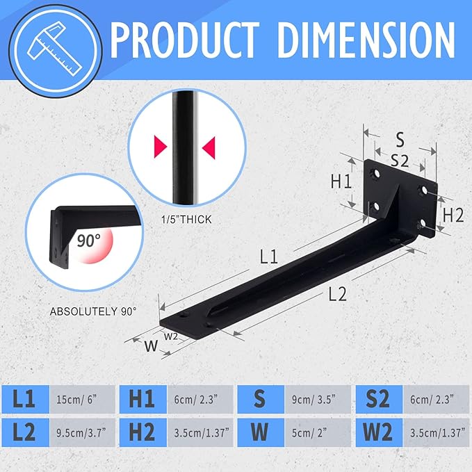 CLT Shelf Bracket( Black) , 6” Quarter Inch (1/5") Thick- Max Load: 220 lb Rustic Industrial Modern Farmhouse Heavy Duty Corner Brace Joint Right Angle Bracket for DIY Table Bench, Pack of 6