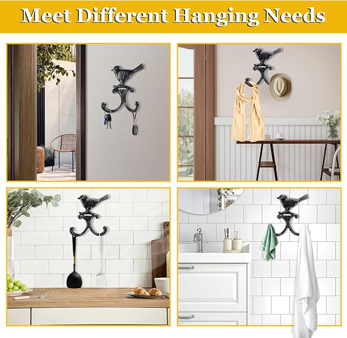 OwnMy Cast Iron Bird Coat Hooks Decorative Wall Hook, Vintage Dog Leash Holder Farmhouse Key Holder for Wall, Heavy Duty Indoor Outdoor Double Wall Hooks for Hanging Towels, Hats, Potted Plants, Tools