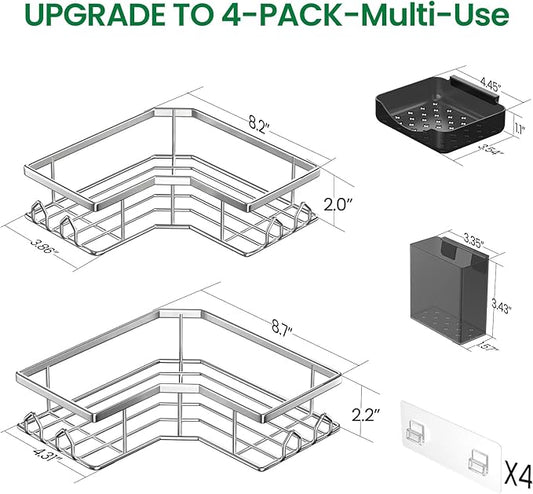 Adhesive Shower Caddy, 4 Pack Corner Bath Organizer, Rustproof Stainless Steel Shower Shelves with Large Capacity, No Drilling Shelves for Bathroom Storage, Home, Kitchen Decor (Silver).