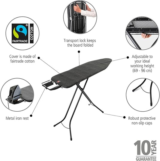Brabantia Size B Ironing Board (49x15 in) 7 Height Options, Adjustable Steam Iron Rest Holder (Denim Black) Non-Slip Feet, Anti-Collapse Child Locks