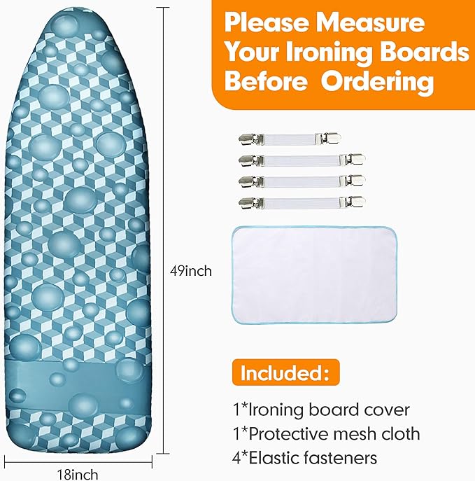 Ironing Board Cover and Pad, 18x49 Extra Wide Thick Iron Padding, Scorch & Stain Resistant Ironing Board Cover, Heavy Duty Iron Board Padded with Adjustable Fasteners Durable Elastic Edge,Aqua Blue