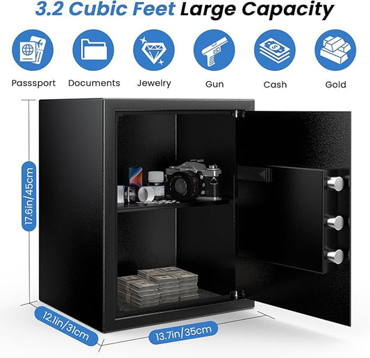 17.55'' Tall Fireproof Safe Box, 3.2 Cuft Home Safe with Keys & Pass Code & Wall Mount Kits, Money Safe with Smart Alert System, Removable Shelf, Mute Function and Fireproof Waterproof Bag