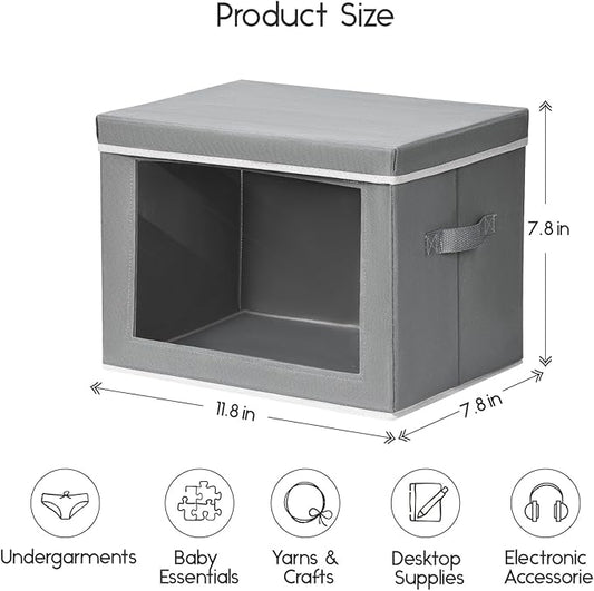 Storage Bins with Lids - Small Fabric Organizers with Window, Collapsible Storage Bins for Clothes, Decorative Closet Organizers for Towels, Tshirt, 4 Pack, Grey