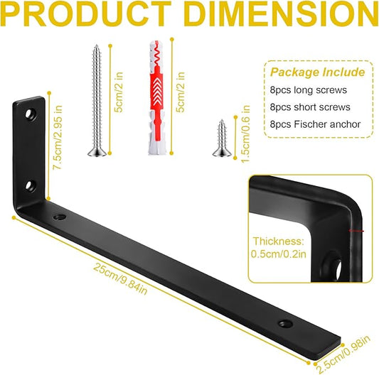 L Bracket 4 Pack, L 10" x H 3", 5mm Thick Heavy Duty L Shelf Bracket, Metal Floating Shelf Brackets with Screws & Fischer Anchors for Kitchen/Bedroom/Outdoor (10 inch)