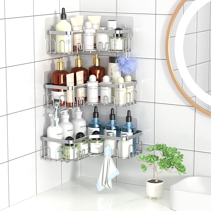 Menbyci 3 Pack Corner Shower Caddy, Adhesive Bathroom Shelves with 18 Hooks, Drill-Free & Quick-Dry Shower Organizer with Large Capacity, Rustproof Stainless Steel Bathroom Corner Storage Rack, Silver