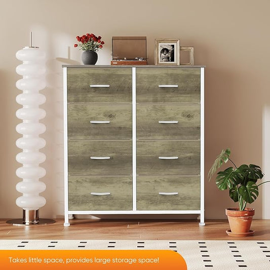 Sweetcrispy 8 Drawer Dresser for Bedroom Large Fabric Storage Tower Organizer Chest of Drawers with Metal Frame and Wooden Top for Nursery Closet Living Room Entryway, Oak Finish