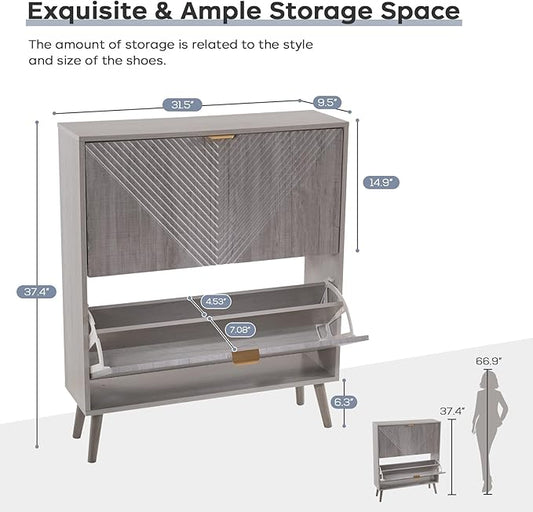 Shoe Cabinet with 2 Flip Drawers, Freestanding Shoe Organizer with 4 Wooden feet, Modern Shoes Storage Cabinet for Entryway, Hidden Narrow Shoe Rack Cabinet for Foyer, Hallway, Mudroom, Grey